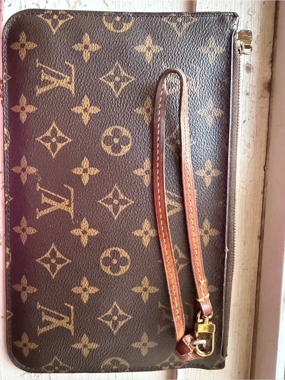 Louis Vuitton Brown & Tan Monogram Wristlet Pouch with Gold Hardware